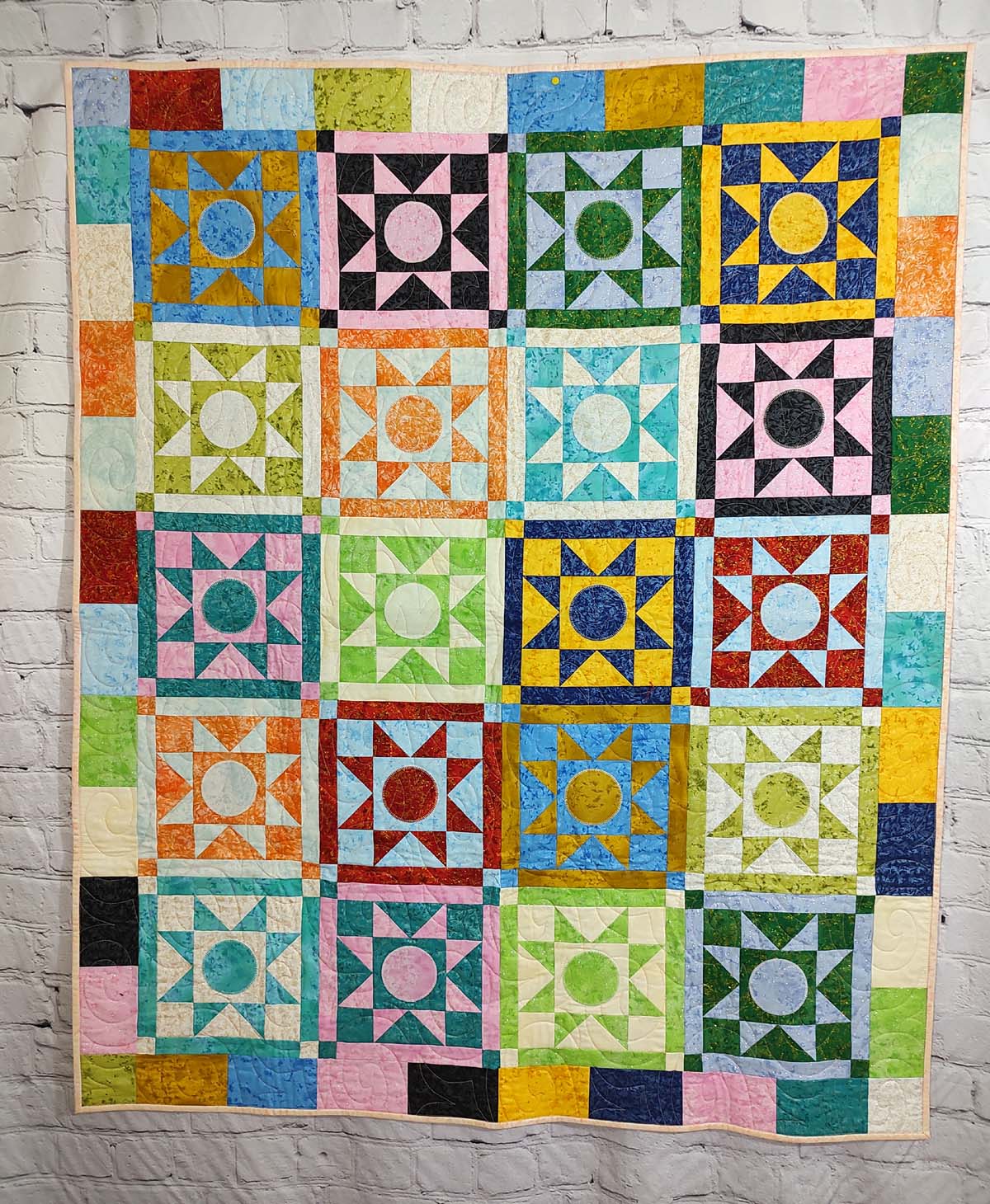 Night Sky Sparkly multipcolored applique Stars and Circles lap quilt