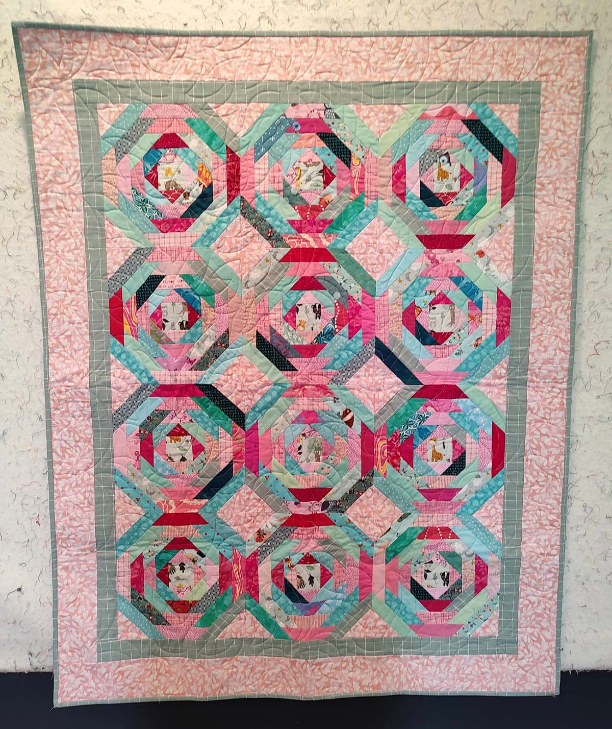 Scrappy pineapple pink and teal turquoise baby lap quilt