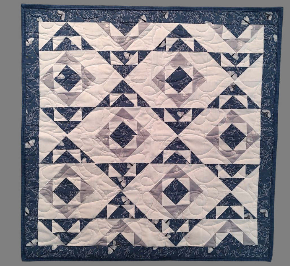 Blue and grey Modern Moths Stop N Go Table runner or wall hanging quilt
