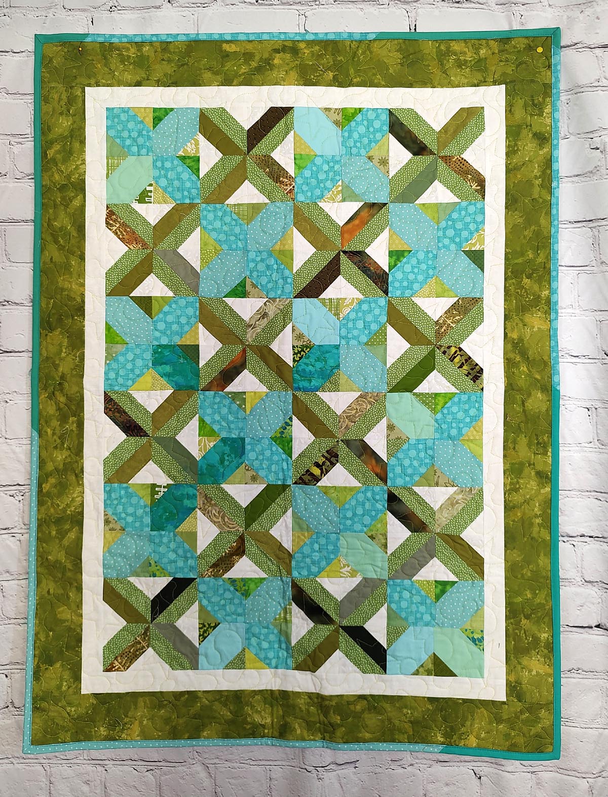 Mosaics Scrappy Green and Turquoise baby boy lap quilt