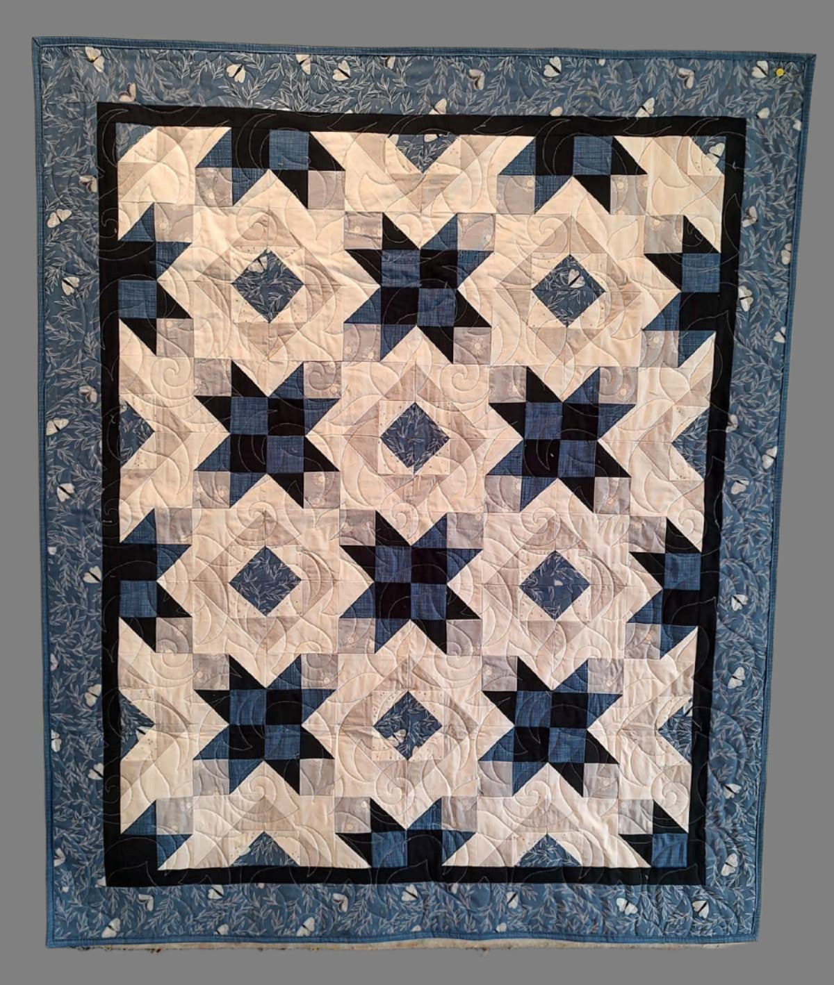 Blue and grey Modern Wild Moths baby lap quilt