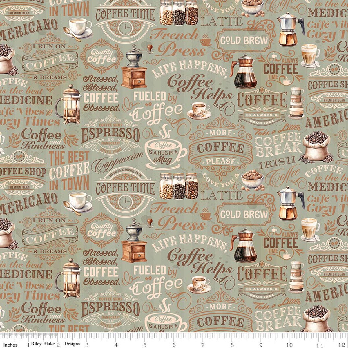 Riley Blake Coffee Time Text Sage Fabric (per half yard)