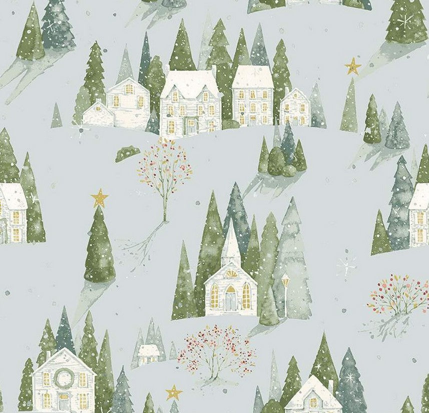 Riley Blake Magical Winterland Home Sweet Home Blue Fabric (per half yard)