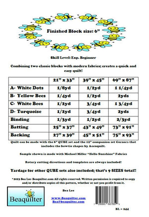 BL244 Bee Hive Quilt pattern 3 sizes Accuquilt FQ friendly rotary cutting and optional 6 more QUBE sizes