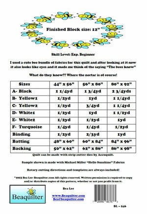 BL246 Bees Know Quilt pattern 3 sizes Accuquilt FQ friendly rotary cutting included