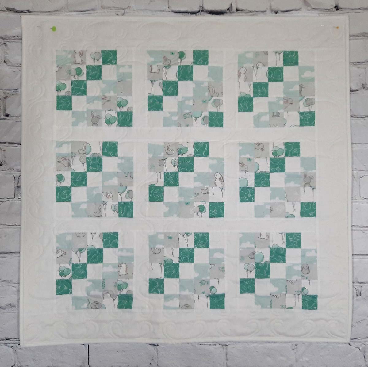 Turquoise and White Modern Bunny baby quilt