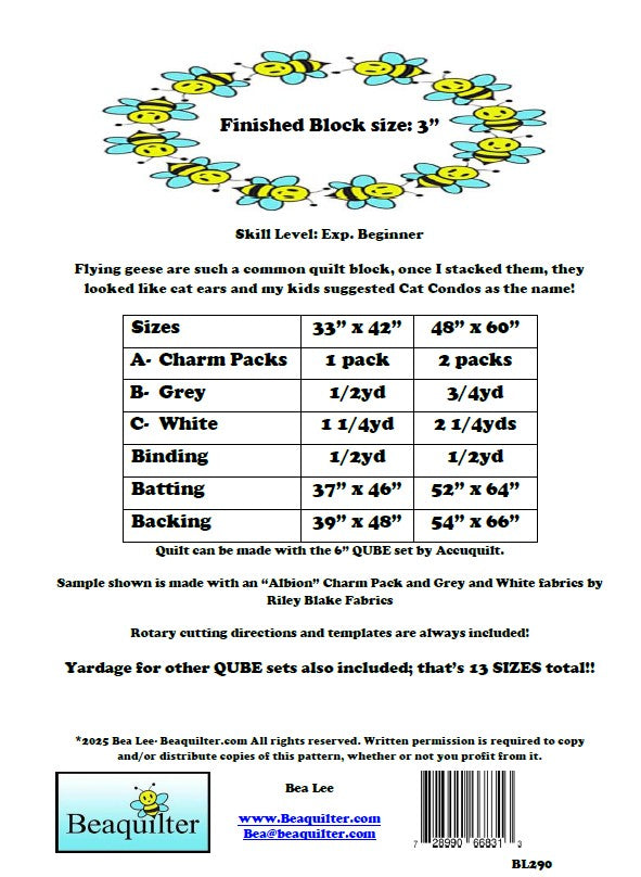 BL290 Cat Condo Quilt pattern 2 sizes Charm Pack Friendly