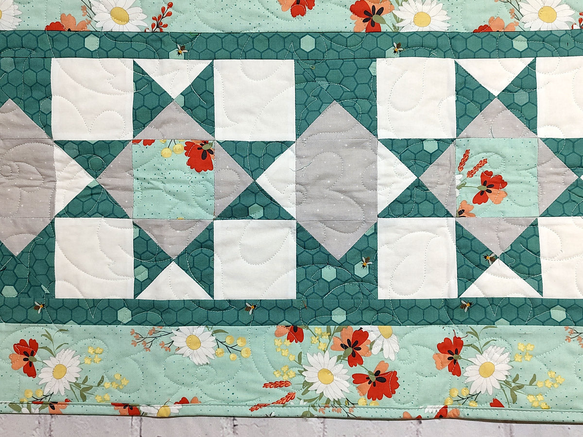 Teal Flower and Bees Table Runner "Chicken Coop" quilt