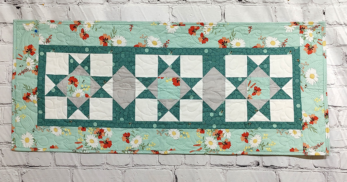 Teal Flower and Bees Table Runner "Chicken Coop" quilt