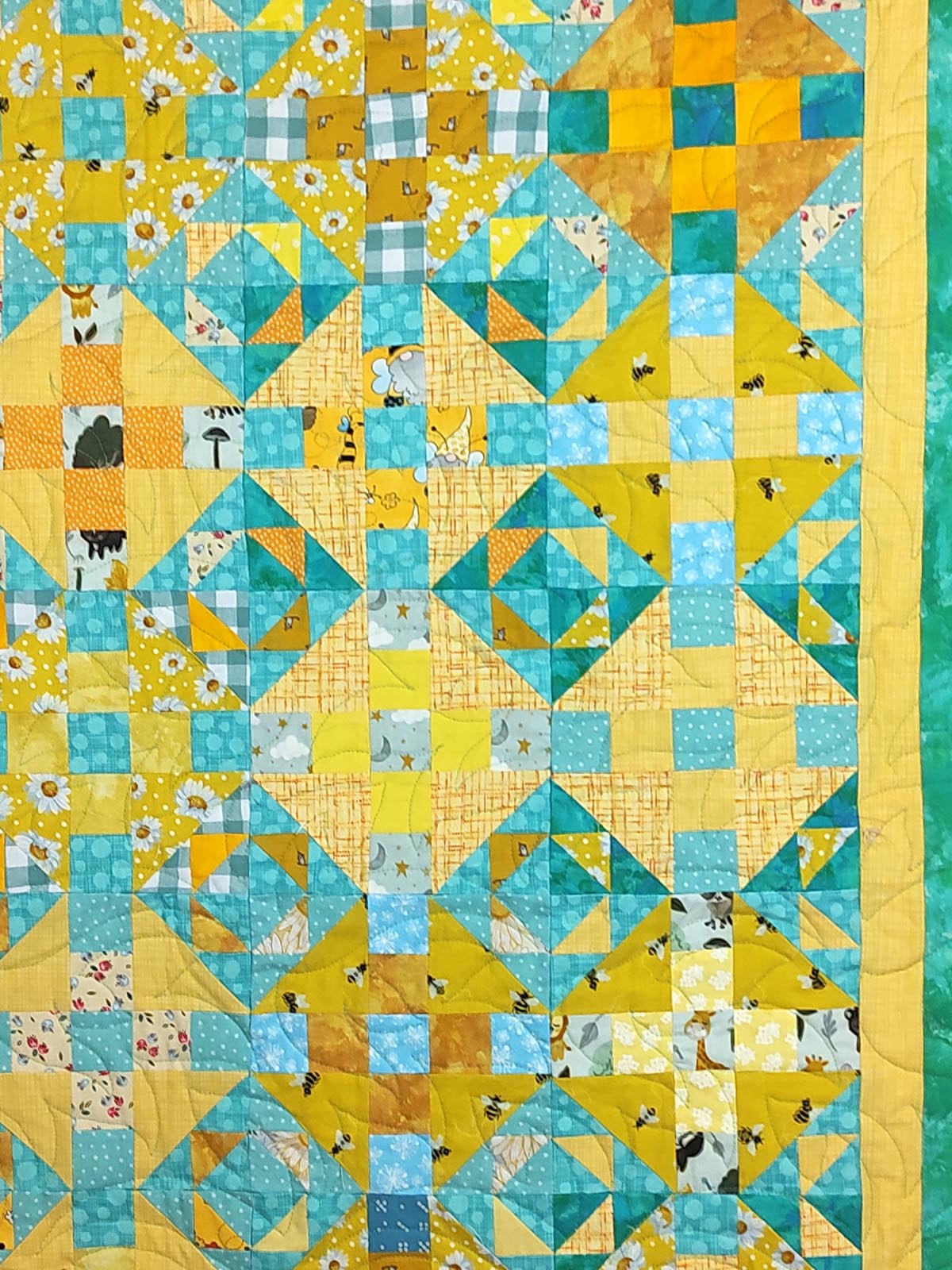Turquoise and Yellow scrappy Duck Duck Goose baby quilt