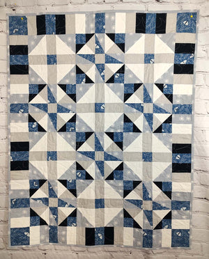 Blue and grey Modern Moth Fragility baby lap quilt