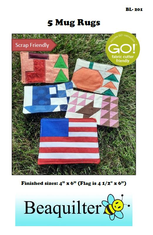 BL201 5 Mug Rugs Quilt pattern American flag, cup, fall pumpkin, Christmas and flower basket