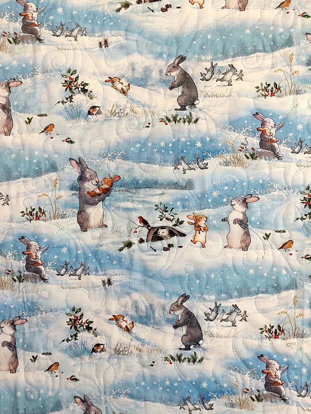 Snow Bunny blue and tan baby quilt