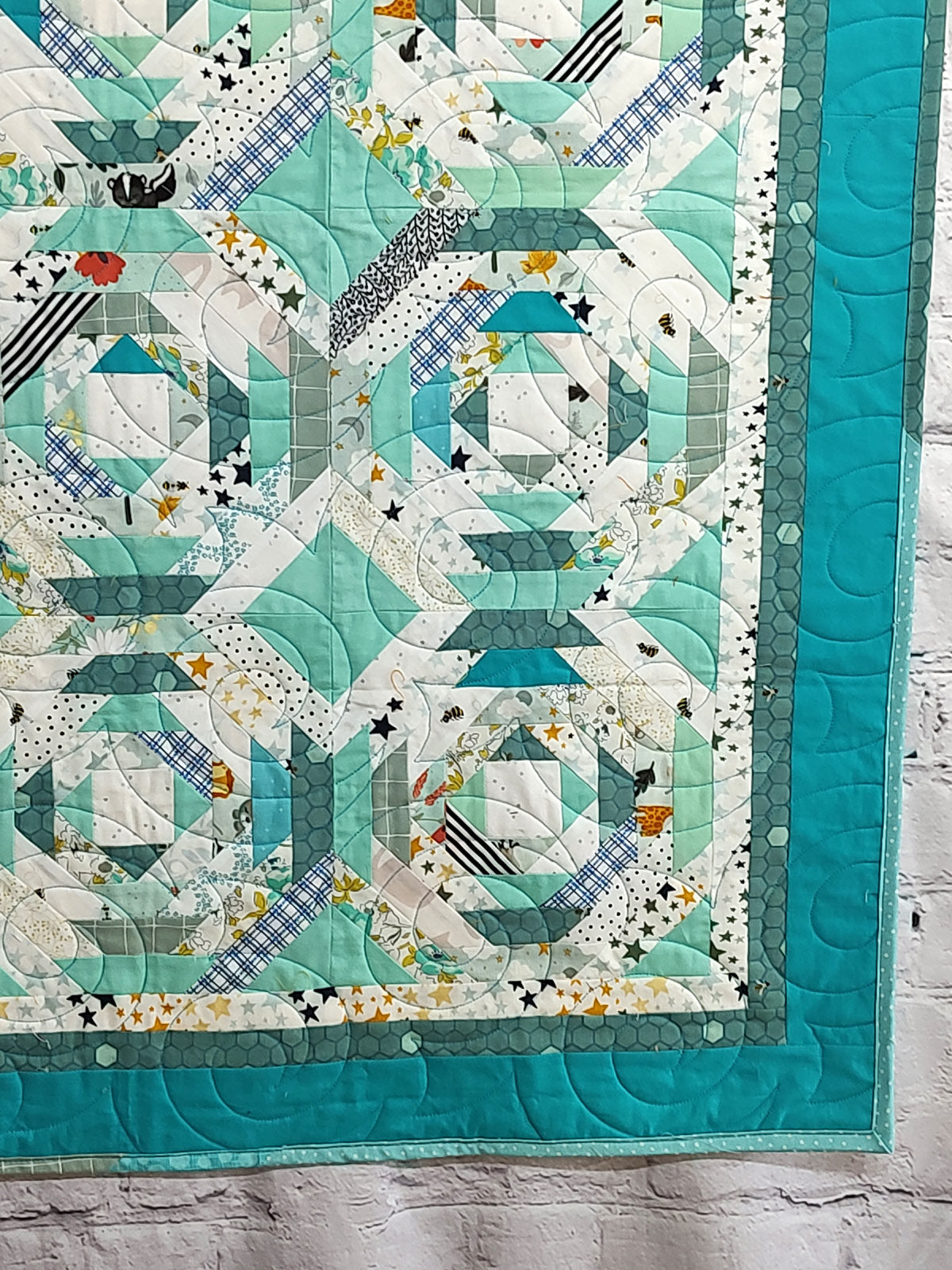 Turquoise and White print scrappy baby boy pineapple lap quilt