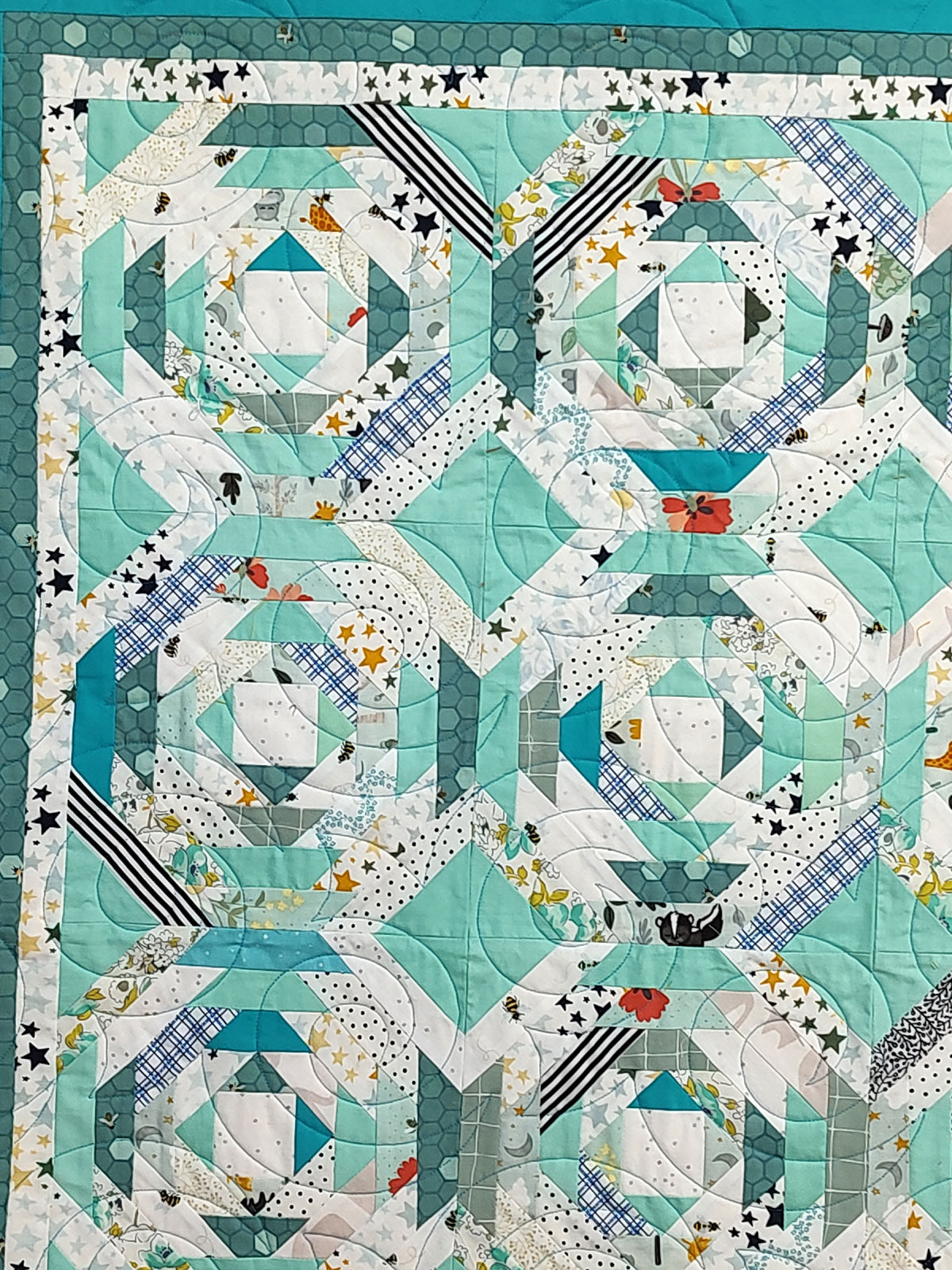 Turquoise and White print scrappy baby boy pineapple lap quilt