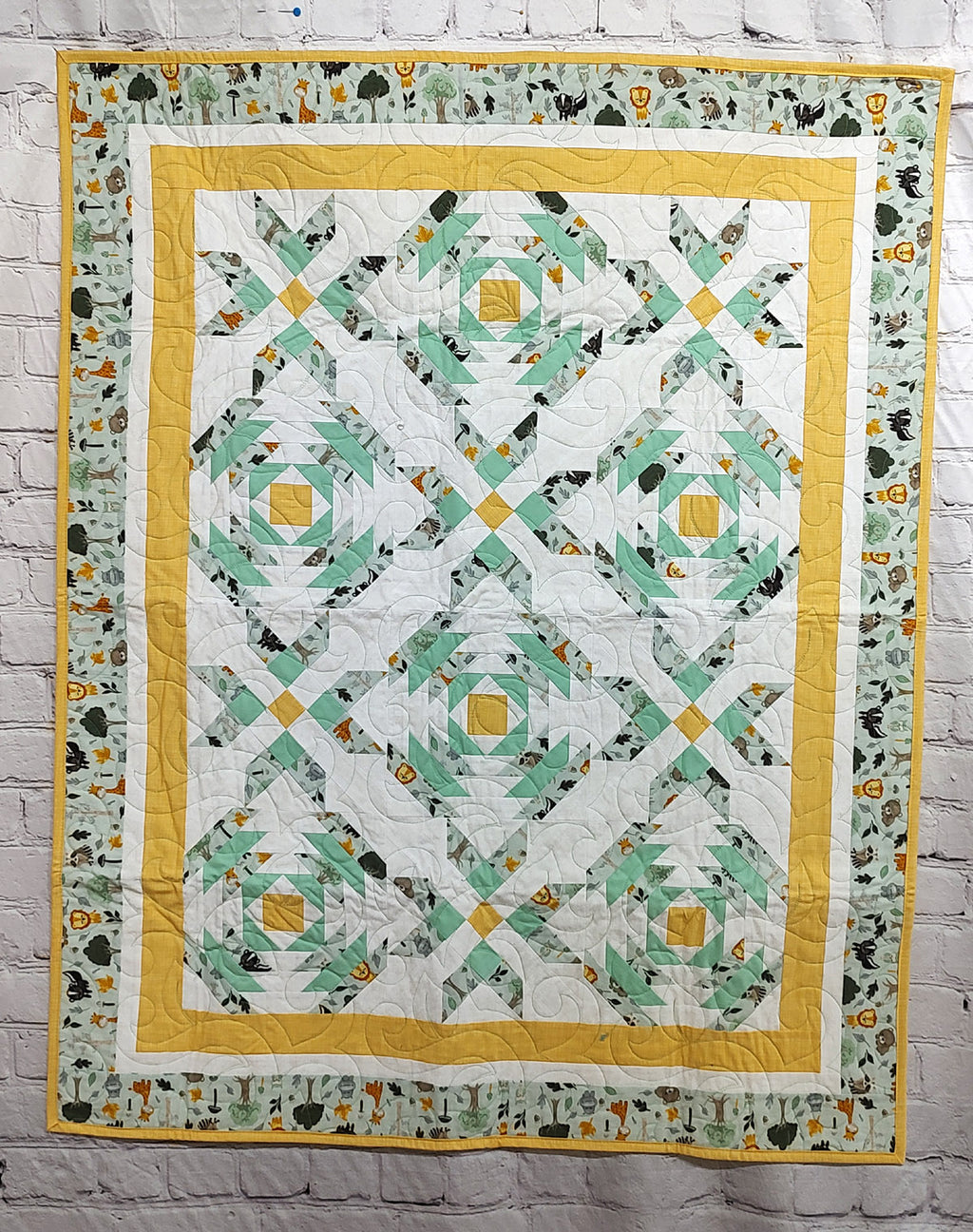 Star Cross Jungle pastel baby quilt Teal and Yellow