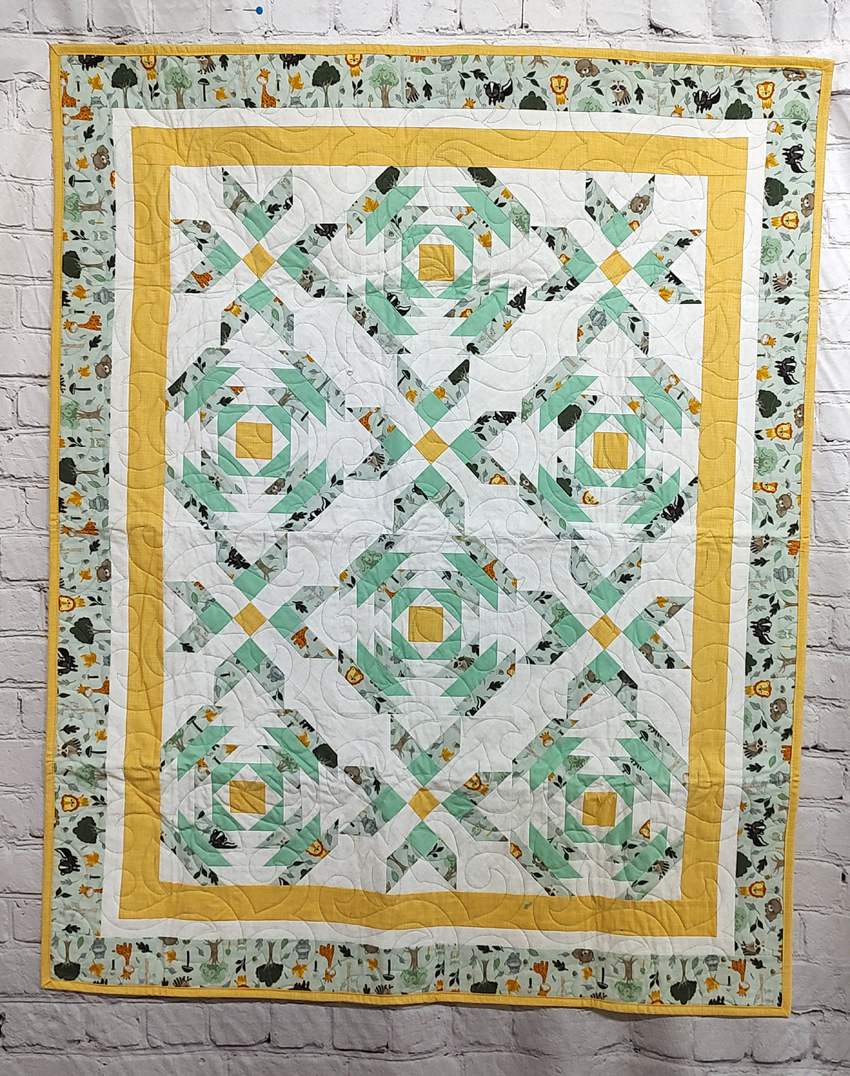 Star Cross Jungle pastel baby quilt Teal and Yellow
