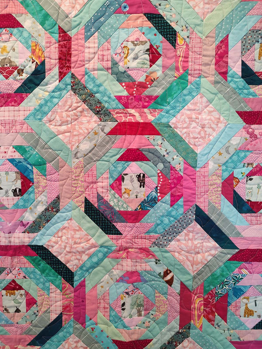 Scrappy pineapple pink and teal turquoise baby lap quilt