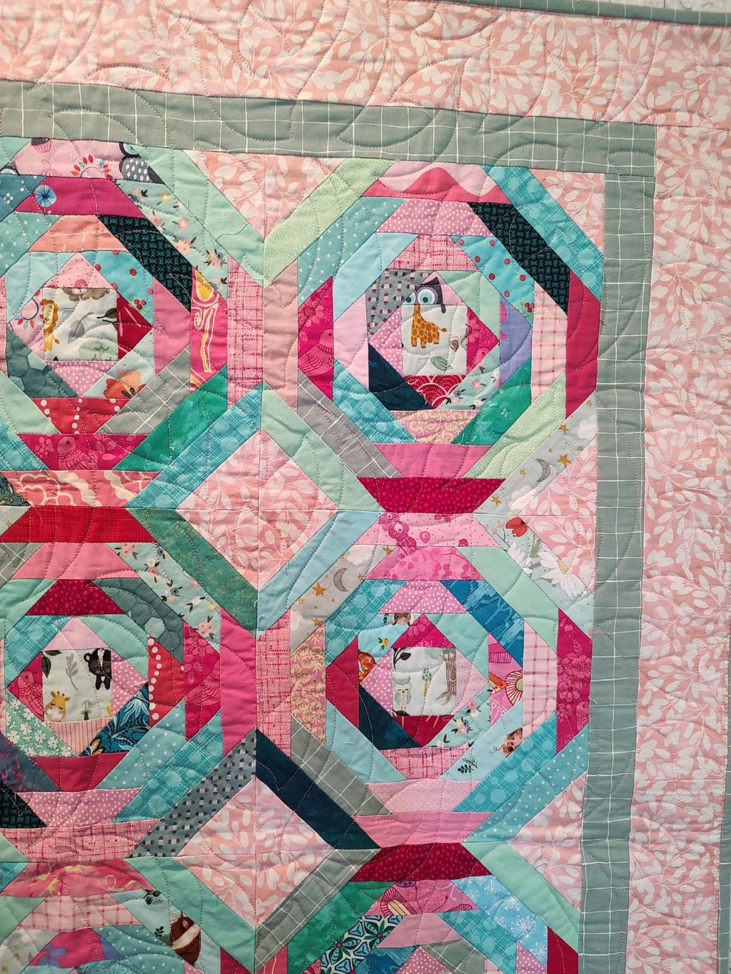 Scrappy pineapple pink and teal turquoise baby lap quilt