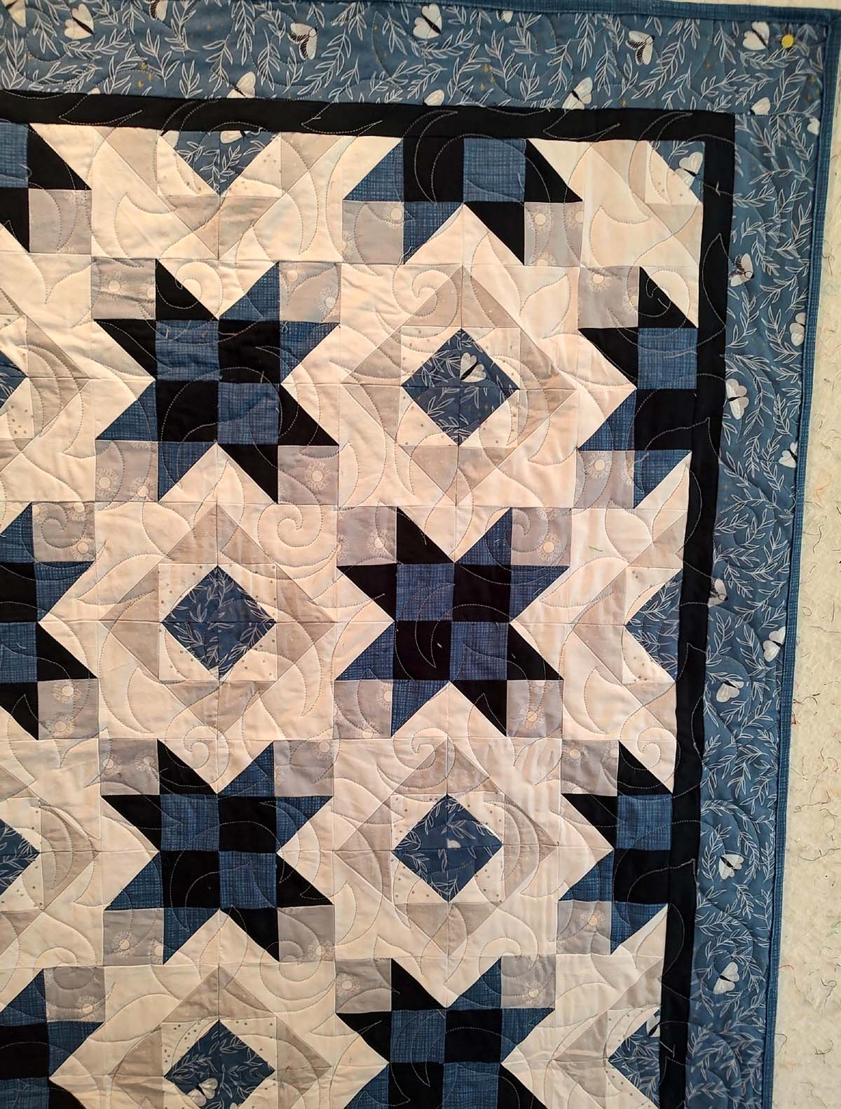 Blue and grey Modern Wild Moths baby lap quilt