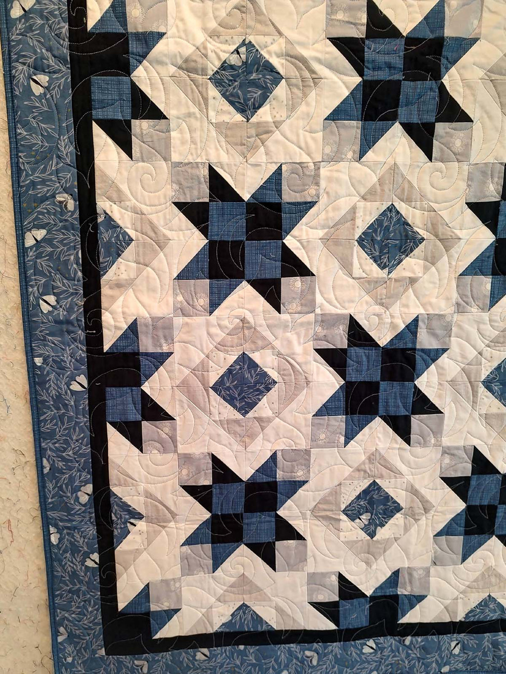 Blue and grey Modern Wild Moths baby lap quilt